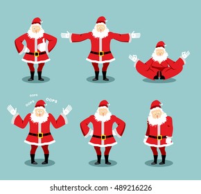 Santa set different poses. Claus with  beard in red suit expression of emotions. Christmas Evil character and kind. Sad and happy. Aggressive and surprised. Illustration for new year
