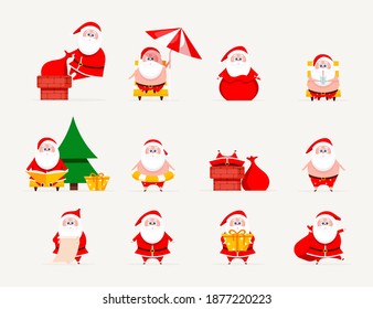Santa set - modern on summer. Collection of Christmas Santa Claus on the beach. Funny cartoon Santa Claus character with present, bag with presents isolated. Vector illustration