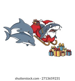 Santa tiburón montando trineo tirado por delfines. Significa tiburón con traje rojo. Animales marinos entregando regalos durante la temporada de invierno