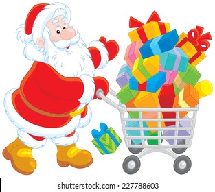 Santa with a shopping cart of Christmas gifts