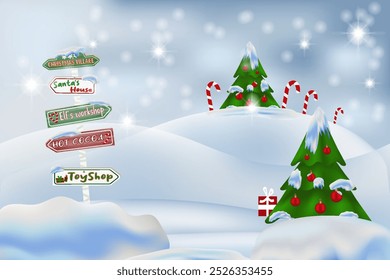 Santa sign in north pole Christmas wooden street signboad with snow Arrow signpost direction to Santa house elf workshop Snow winter landscape Santas Village vector x-mas snow background