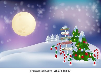 Santa sign in north pole Christmas wooden street signboad with snow Arrow signpost direction to Santa house elf workshop Snow winter landscape Santas Village vector x-mas snow background Northern ligh