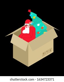 Santa sits inside box sad. Xmas Loneliness concept. end of Christmas. holiday ends. Grandfather is tucked into cardboard box
