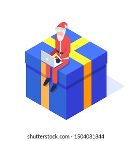 Santa sits on a gift at a laptop isolated on white background. Christmas isometric concept. Vector illustration.