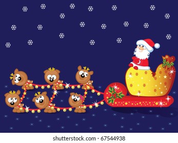 Santa sits on sleigh. Beside it big bag with gifts. The Team of Christmas deers.  Comical.