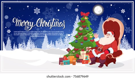 Santa Sitting In Armchait In Winter Forest Near Christmas Tree Gift Boxes Happy Holidays Poster Design Flat Vector Illustration