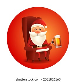 Santa sitting in chair with beer mug. Christmas greeting card with drunk Santa Claus enjoying craft beer. Vector cartoon character