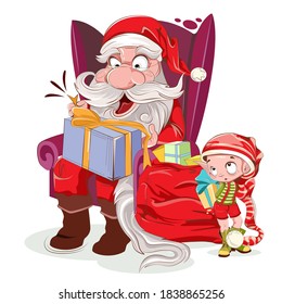 Santa is sitting in chair with present with his accistant elf give different presents children. Bag gifts Santa Clause's, make a wish, flat style. Vector illustration