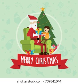 Santa is sitting with a child in the Christmas day vector.