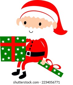 Santa sitting with gift box. Cute Father Christmas holiday cartoon vector illustration