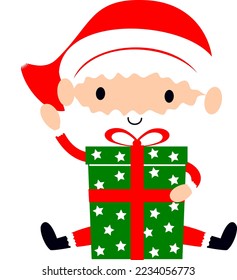 Santa sitting with gift box. Cute Father Christmas holiday cartoon vector illustration