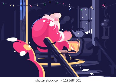 Santa sitting near fireplace. New Year concept. Living room celebrate xmas decoration. Flat. Vector illustration.
