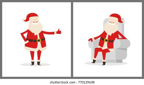 Santa sitting on grey armchair, elderly man with beard wearing red costume, boots and belt, Claus showing thumb up isolated on vector illustration