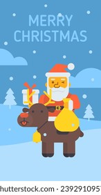 Santa sitting on reindeer holding gift bag and gift box. Vector Illustration