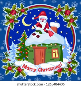 Santa is sitting on the roof of the house and holding a star. Winter landscape, starry night, house in the snow, the roof in the lights of the garland.