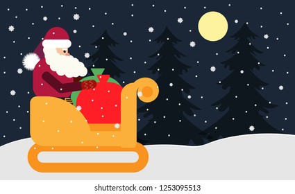 Santa is sitting in a sleigh waiting for a deer. Santa carries gifts to children for Christmas and New Year. vector illustration. Night, moon, snowflakes, forest, sleigh, gifts and fabulous night