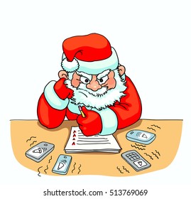Santa sitting the table and thinking angrily near sell phones on desk ringing isolated card new year vector illustration