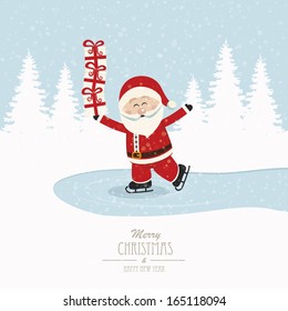 santa skate on ice balance gifts winter background