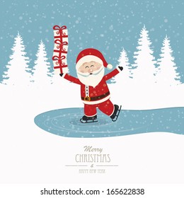santa skate on ice balance gifts winter background