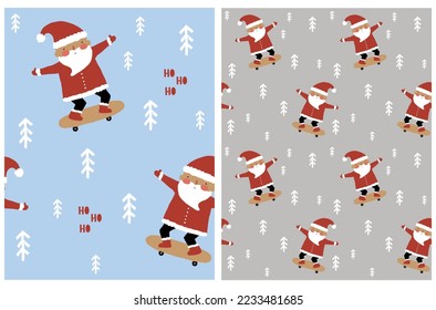 Santa Skateboarding. Patrones de vectores sin soldadura de navidad dibujados a mano con Santa Claus feliz viajando en una patineta y "ho ho ho" escrito a mano en un fondo azul claro y gris. Graciosa impresión navideña.