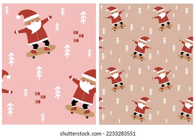 Santa Skateboarding.Hand Drawn Xmas Maravilloso Vector Patrones con Papá Noel Feliz Viajando en un Skateboard y "ho ho" escrito a mano en un fondo rosa ligero y marrón claro. Graciosa impresión navideña.