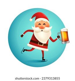 Santa skating with craft beer mug in his hand. New year character. Christmas greeting card or poster for pub