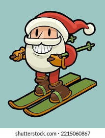 Santa Ski. Cute Santa Claus Big Head Character Smiling And Riding Skis Isolated.