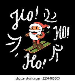 Santa skiing. Cute Christmas mascot riding skis. Ho-ho-ho vintage Christmas card.