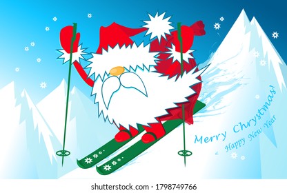 Santa esquiando por la colina con regalos de saco. Feliz Navidad y Feliz Año Nuevo. Ilustración vectorial dibujada por mano