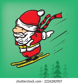 Santa skiing down a mountain on green background color