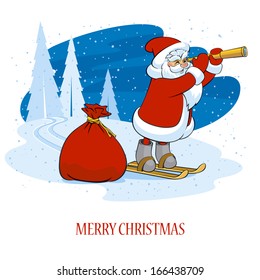 Santa skiing and looking through a spyglass. Vector illustration