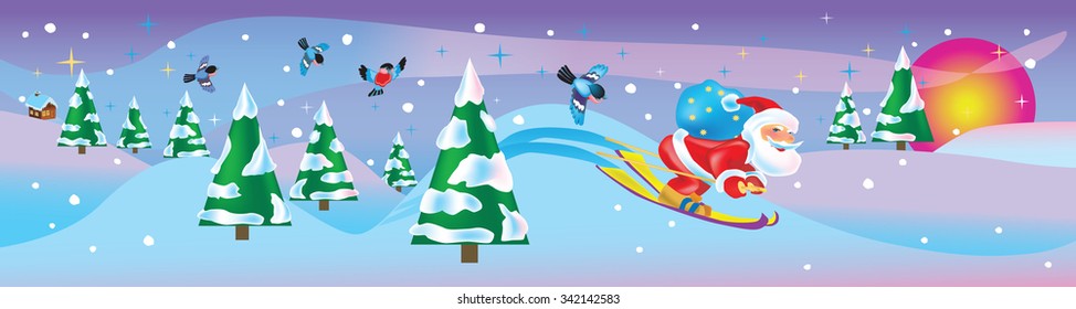 Santa skiing in the winter forest with bullfinch birds