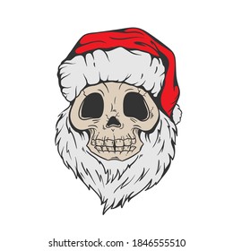 Santa Skull in Christmas hat with hipster beard Line art Tattoo. Santa Claus skeleton for Gothic alternative holiday party, gift for him, shirt for men fashion print, hand drawing. Vector, isolated