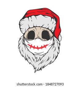 Santa Skull in Christmas hat, quarantine mask with hipster beard Line art Tattoo. Santa Claus skeleton for Gothic alternative holiday party, gift for him, shirt for men fashion print. Vector, isolated