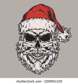 Santa skull label vintage colorful head Santa Claus with beard in hat for celebration new year or Christmas vector illustration