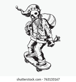 Santa skull on skateboard delivering gifts for Christmas illustration drawing line art black and white 