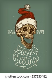 Santa skull season's greetings vintage calligraphy card on warm blue background. party hard kids.