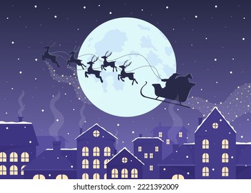 Santa sled silhouette above night cityscape flat color vector illustration. Xmas holiday. Winter season. Fully editable 2D simple cartoon characters with festive Christmas atmosphere on background