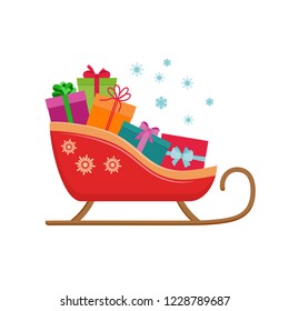 Santa sledge full of gift boxes, colorful vector illustration flat design, cartoon style, winter fun merry Christmas and happy new year card, banner, web graphics design element isolated on white.