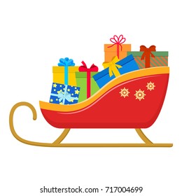 Santa sledge, full of gift boxes, decorated with snowflakes, bright colorful cartoon style, flat design vector illustration, isolated on white background, for Christmas card, new year poster, ads.