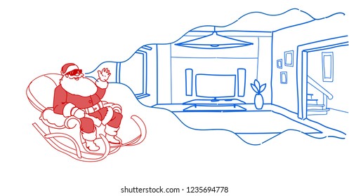 santa in sledge wear digital glasses virtual reality modern living room interior vr vision headset concept flat horizontal