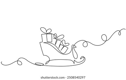 Santa sleigh with boxes of presents. Continuous one line drawing. Christmas icon on white background. Vector illustration.