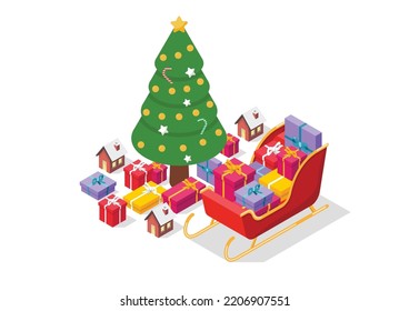 Santa sleigh with Chrismas tree and Christmass elements. Isometric view. Vector illustration