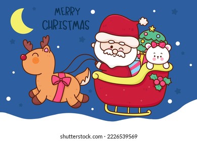 Santa and sleigh Christmas character and reindeer baby cartoon. X mas card (happy new year kids) kawaii vector for fairy tale book. Perfect make a wish for celebration party children, princess party.