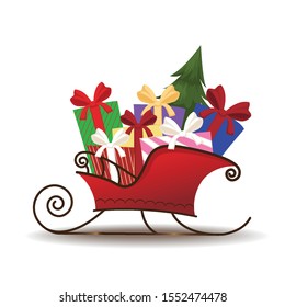 Santa sleigh with Christmas gift box with bow, ribbon and Christmas tree. Isolated vector illustration with white background.