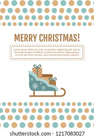 Santa Sleigh with Christmas Gifts. Colorful Sled and piles of presents. Vintage card. Merry Christmas typography for holidays with greeting card template and pattern. Vector brochure in flat style.