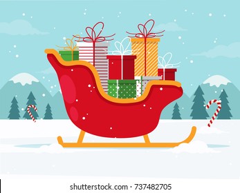 Santa Sleigh with Christmas Gifts. Flat Design Style. 