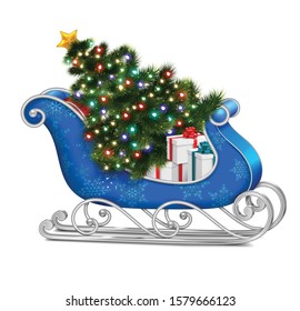 Santa sleigh with christmas tree realistic composition with isolated image of blue sleigh with gift boxes vector illustration