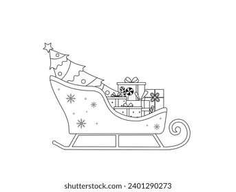 Santa Сlaus sleigh with a Christmas tree. Vector illustration in line art style for coloring books