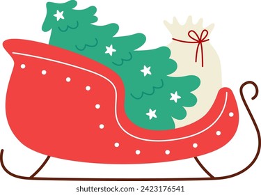 Santa Sleigh With Christmas Tree Vector Illustration
